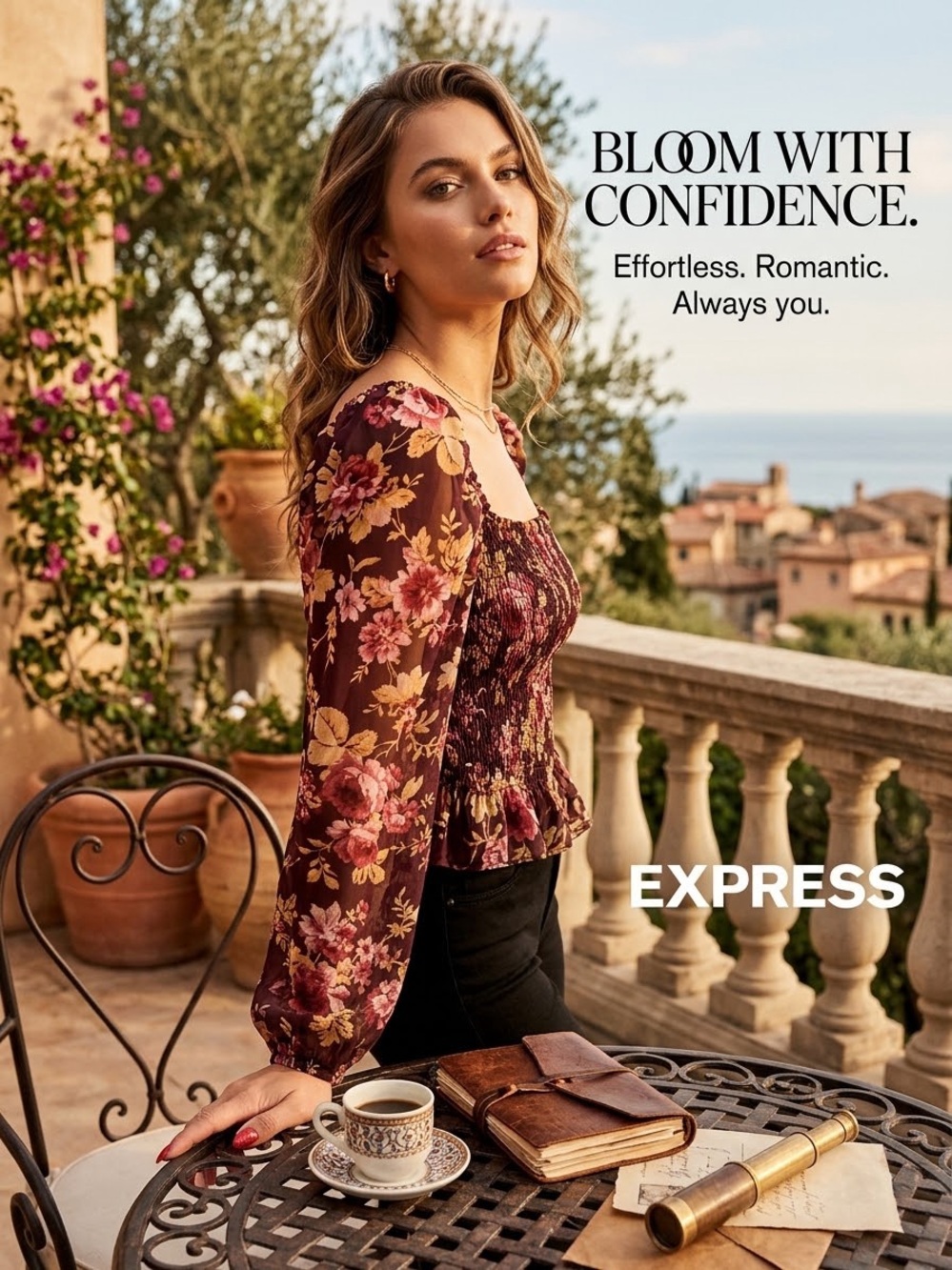 Express Burgundy Floral Smocked Square-Neck Blouse